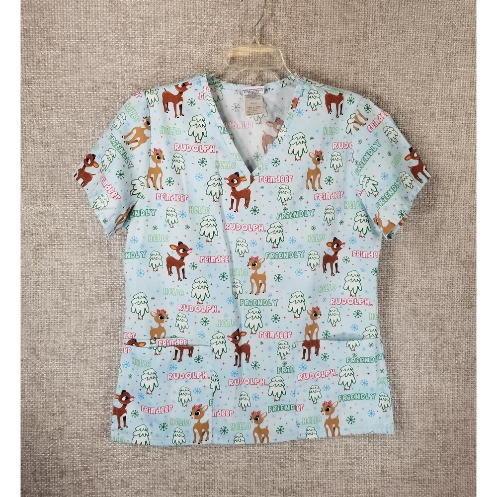 Rudolph the Red Nosed Reindeer Nurse Scrub Top Blue Adult Small Chest 38"
